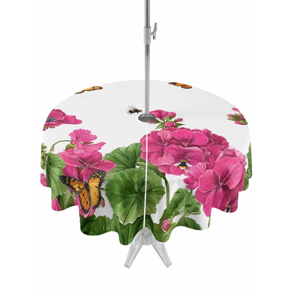Outdoor Tablecloth with Umbrella Hole for Patio/Picnic/Party/Camping, Pink Spring Floral Waterproof Table Cloth Round Cover Washable, Butterfly Farmhouse (Dia 54")