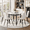 White Table+Six White Chairs, variant on NYEESS 5-Piece Round Dining Table Set for 4, 42" Modern Wood Grain Kitchen Table with Tea-colored Glass & Storage, 4 Brown Suede Chairs, Black Metal Legs