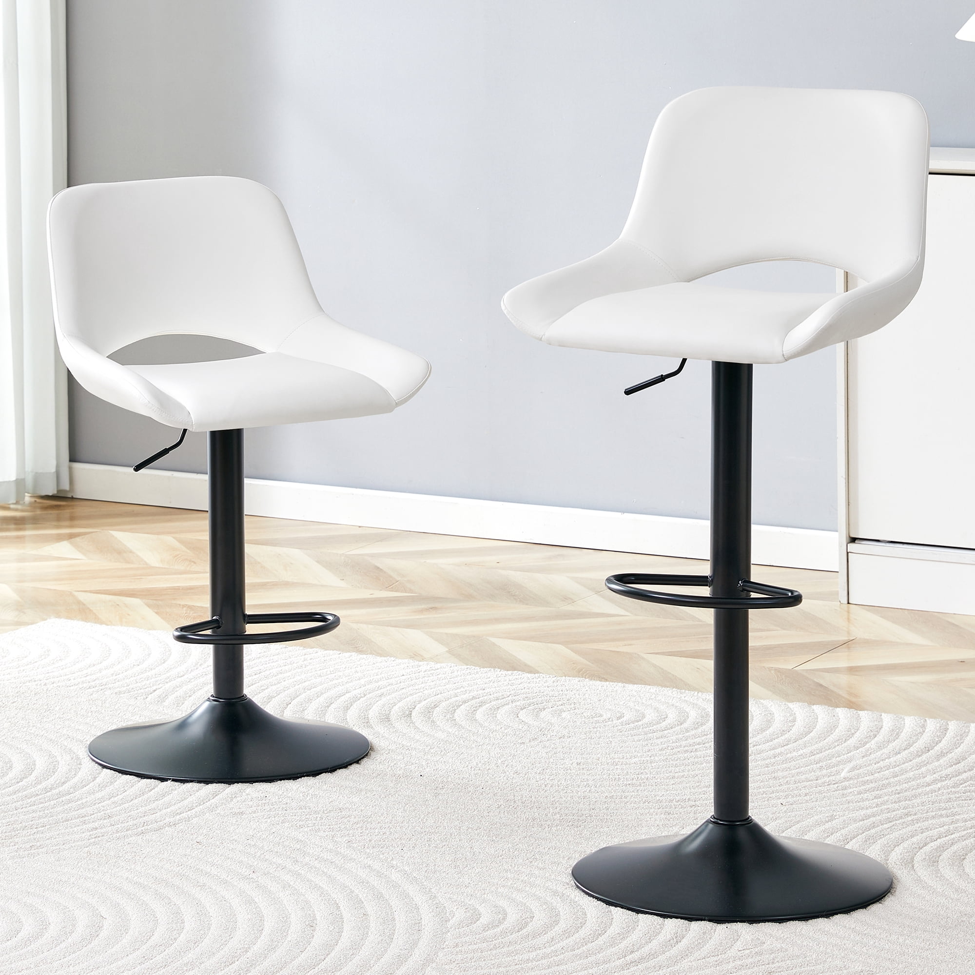 Mintazer Modern Bar Stools Set of 2, 360° Swivel PU Leather Bar Chairs with Circular Footrest & Adjustable Height, Counter Height Stools for Kitchen Island & Home Bar, White
