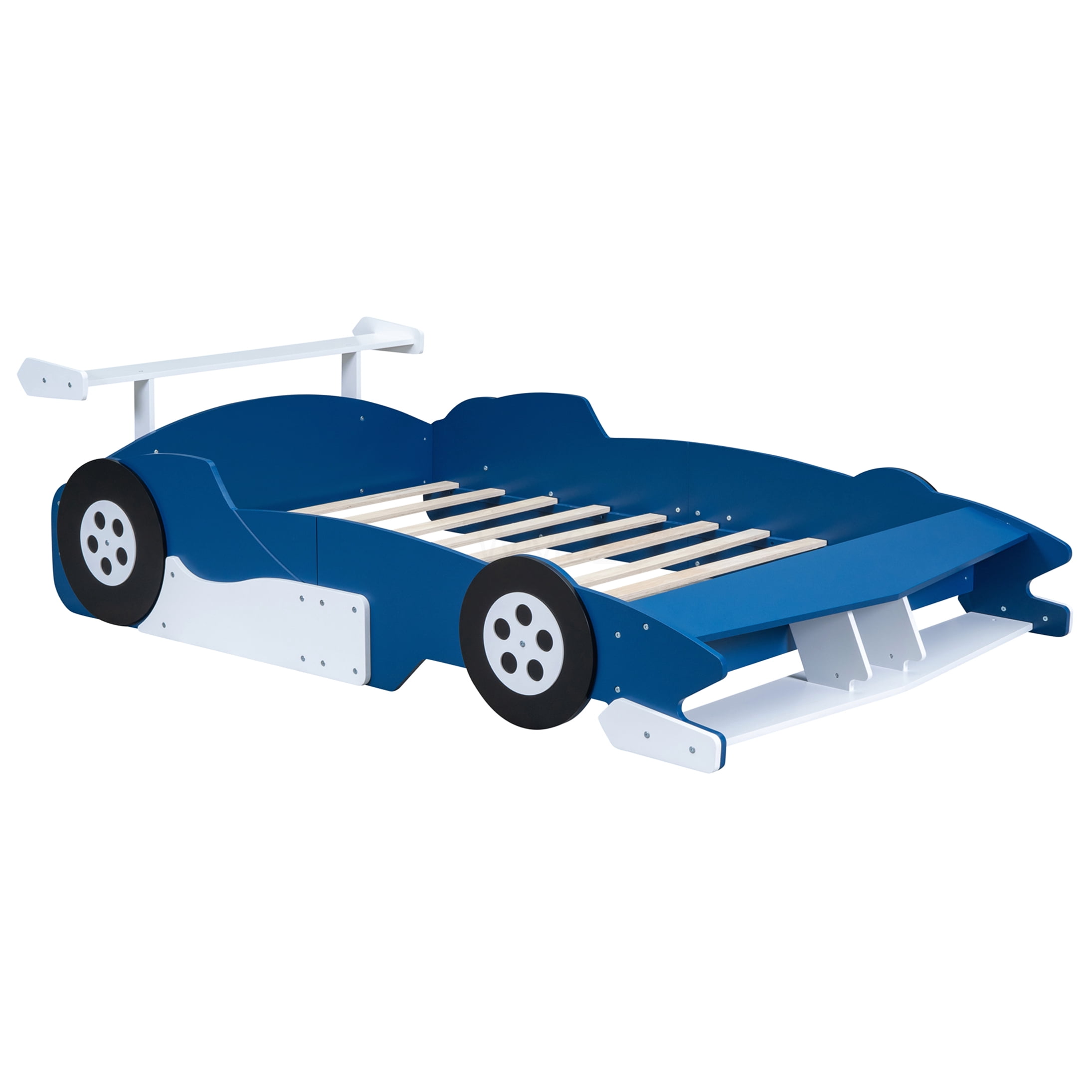 Full Size Race Car Bed with Wheels, Low Profile Platform Frame, Blue Finish, Easy Assembly