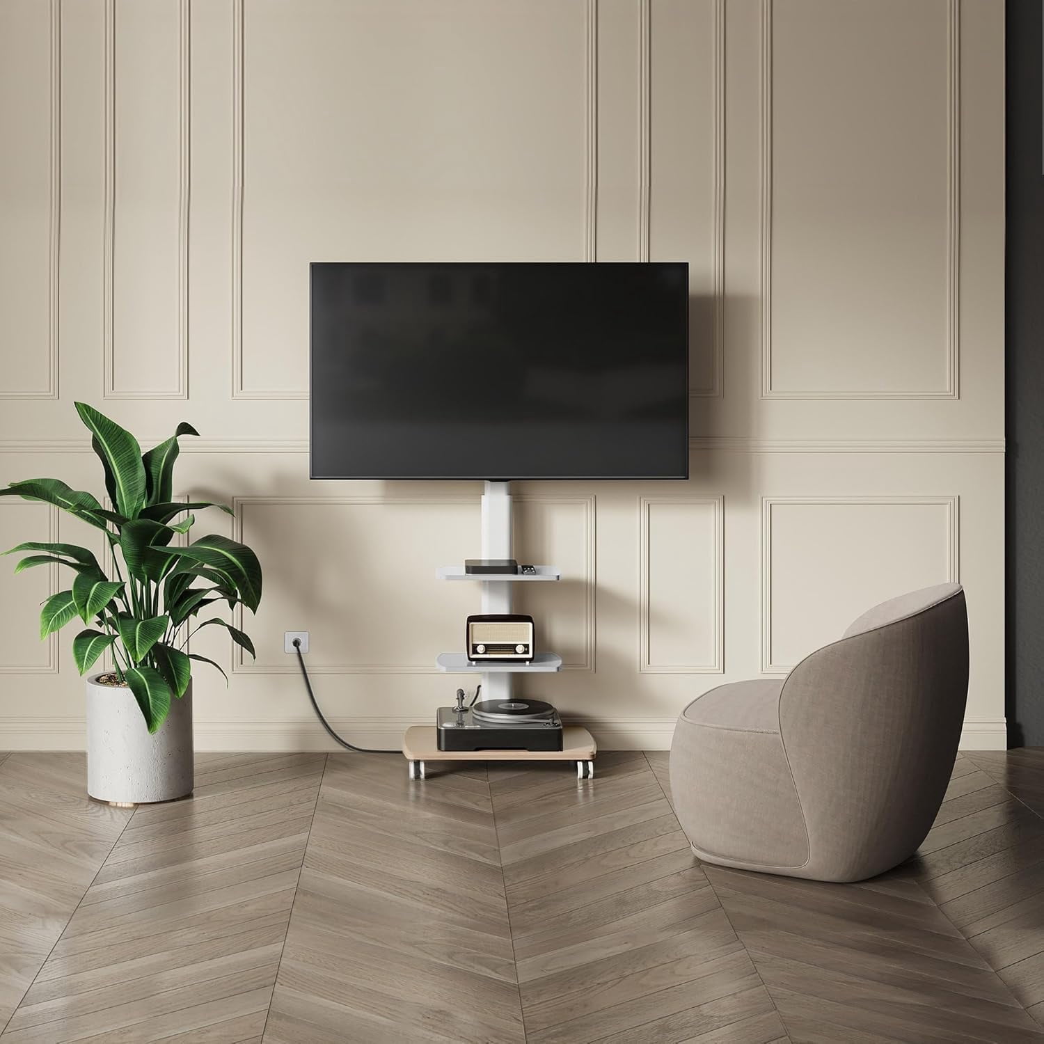 FITUEYES Rolling TV Stand for 32–75 Inch TVs, White, Power Outlet, Swivel Mount