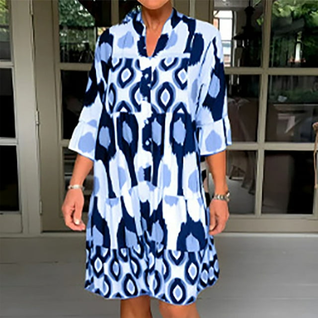 Pisexur Robe à Manches Longues Col en V Mode Été pour Femmes Robe Décontractée à Manches Courtes Col en V Robe pour Femmes