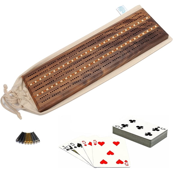 WE Games Deluxe Cribbage Set - Solid Wood with Inlay Sprint 3 Track Board