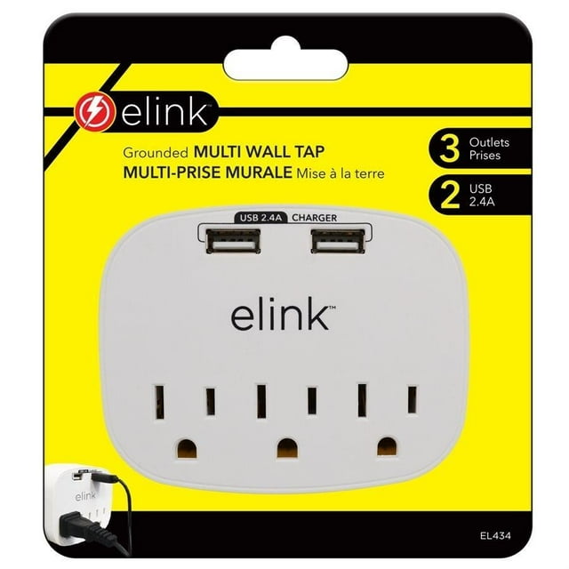 Elink EL434 - 3 Outlet Wall Tap with 2 USB 2.4A Ports, White
