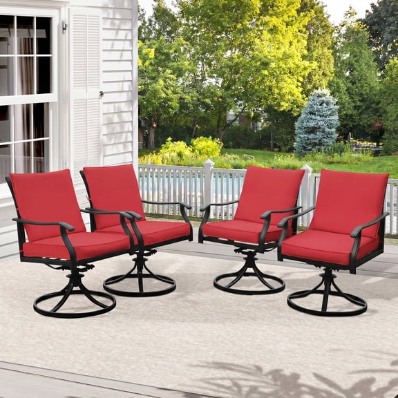 4 Pieces Patio Swivel Chair, All-Weather Swivel Rocker Chair with Armrests & Cushion, Heavy Duty Outdoor Dining Chairs, Wrought Iron Outdoor Chairs for Garden, Balcony, Deck (4 Pieces, Red Cushions)
