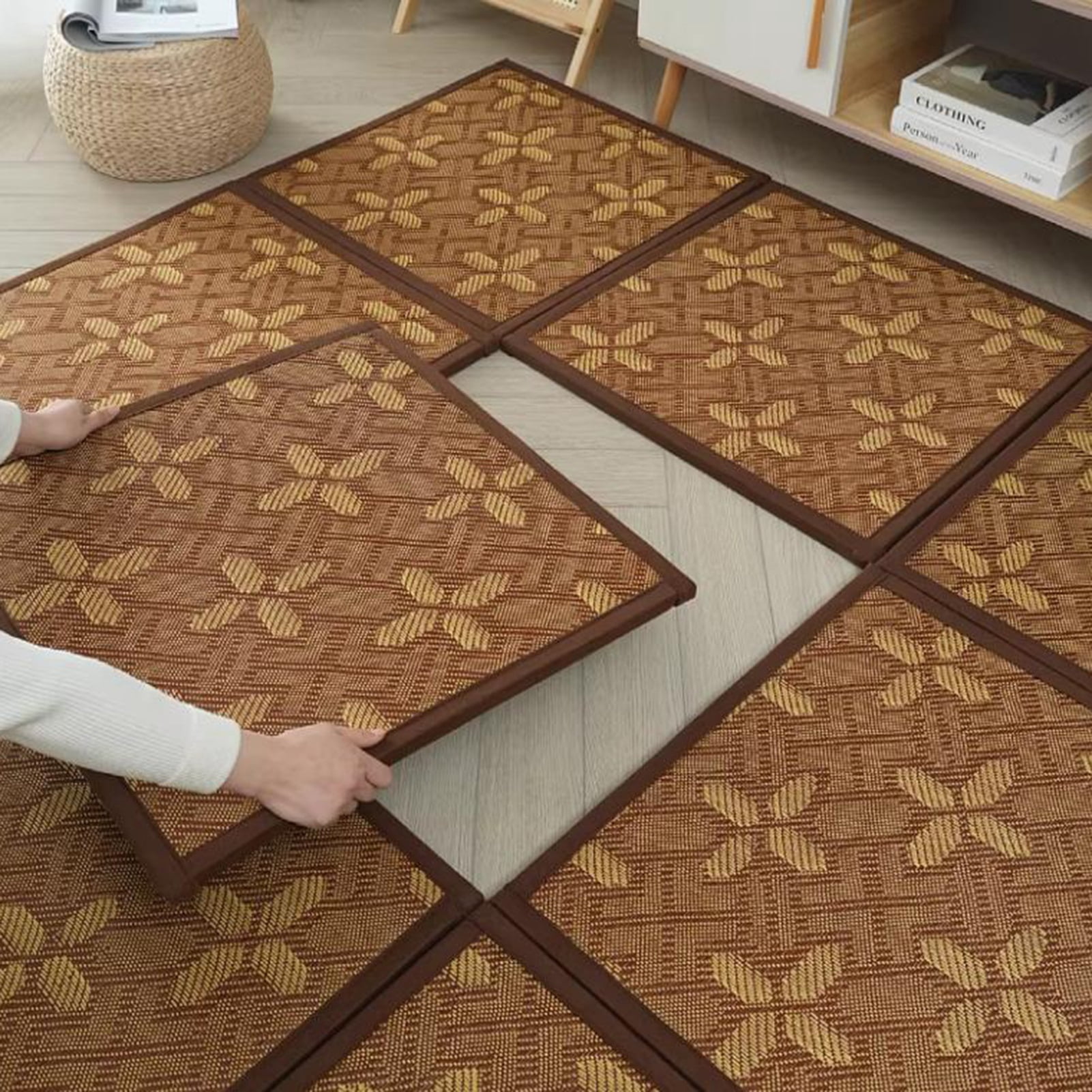 Summer Folding Tatami Floor Mat, Rattan Non-Slip Breathable Carpets, Thicken Crawling Mats for Living Room, Bedroom, Crawling Play Mat