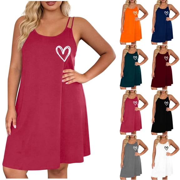 Meichang Women's Plus Size Nightgown Sleeveless Adjustable Spaghetti Strap Sleepwear Heart Print Loose Fit Sleepdress Soft Comfy Loungewear Cami Night Gown