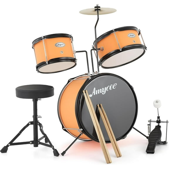 Senfot 3-Piece Drum Set, Wood & Metal, Bass Drum, 2 Toms, Cymbal, Sticks, Pedal & Stool, Beginner Kit, Orange