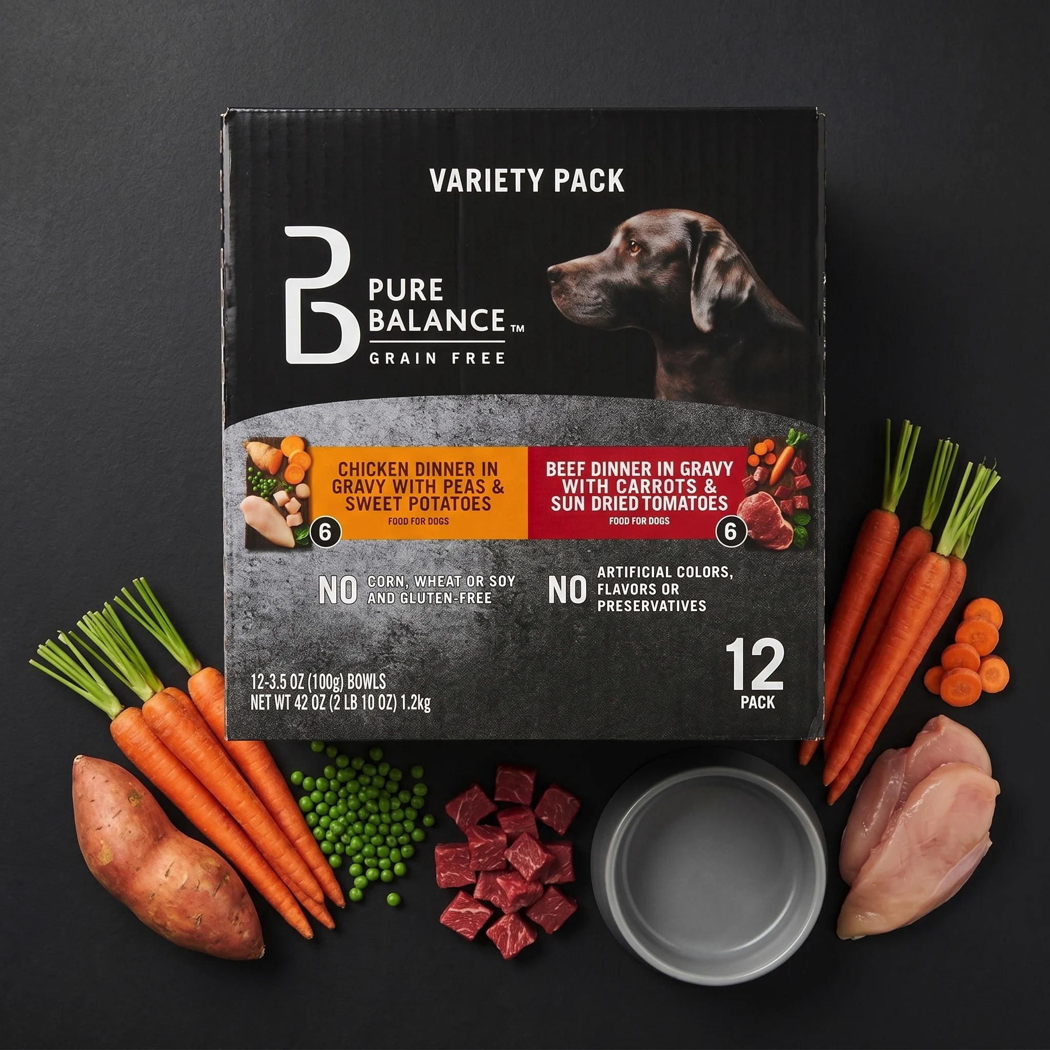 (12 pack) Pure Balance Grain Free Chicken Dinner in Gravy & Beef Dinner in Gravy Wet Dog Food Variety Pack, 3.5 oz, 12 Pack