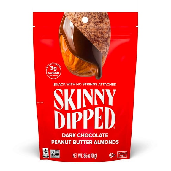 SkinnyDipped Dark Chocolate Peanut Butter Almonds, Healthy Snack, Plant Protein, Gluten Free, 3.5 oz Resealable Bags, Pack of 1
