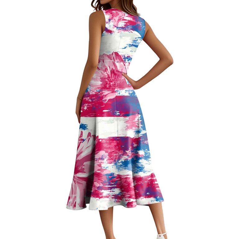 4Th Of July Dress, Casual Cotton Sleeveless Round Neck American Flag Ruffle  Flowy Long Tank Renaissance Dress Mens Coat Dusty Blue Bridesmaid Dresses  For Women Casual Dresses (S, Hot Pink) ZMTing -