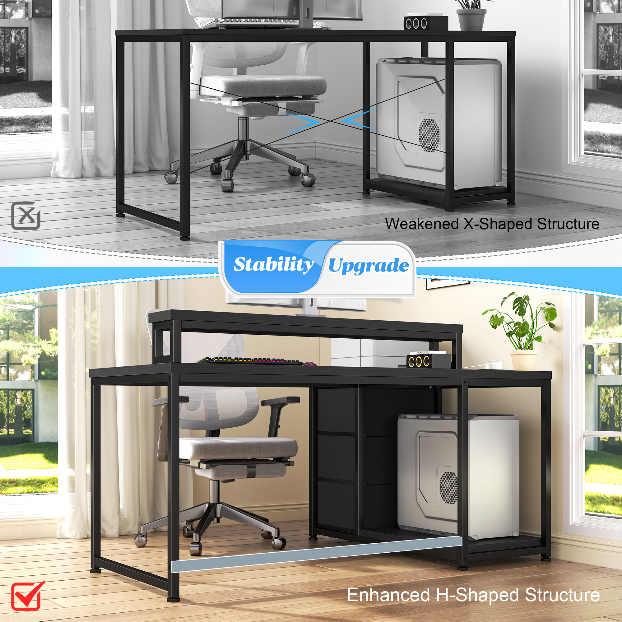 Romorgniz Gaming Desk Computer Desk with LED Lights & Power Outlet Reversible l Shaped Desk with 3 Drawers 40"L Office Desk with Monitor Stand for Gaming Room,Home Office,Bedroom，Black