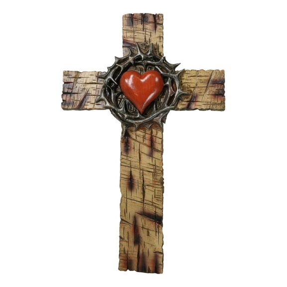 Rustic Western Faux Wooden Sacred Heart with Crown of Thorns Decor Wall Cross