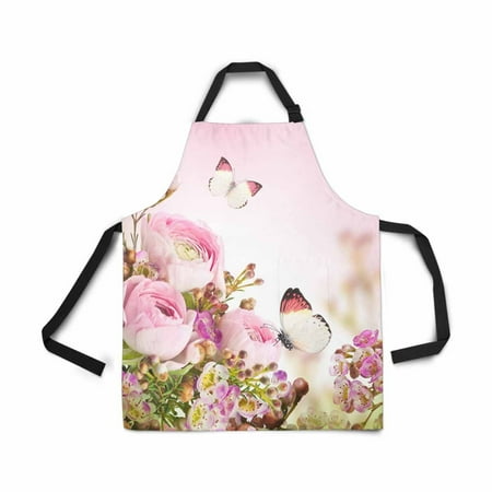 

ASHLEIGH Gentle Bouquet Pink Roses Butterfly Adjustable Bib Apron for Women Men Girls Chef with Pockets Novelty Kitchen Apron for Cooking Baking Gardening Pet Grooming Cleaning