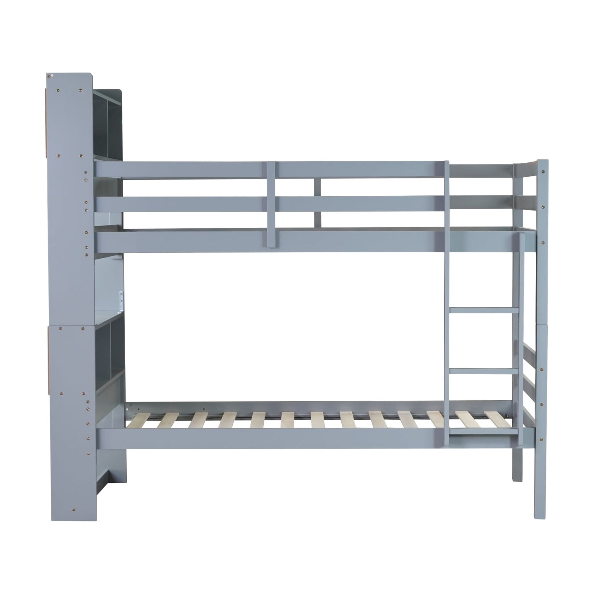 Leumius Twin Over Twin Bunk Bed with Shelves , Rubber Wood Bed with Shelves Headboard, Safety Guardrails and Ladder, Convertible to 2 Beds for Boys Girls Grey