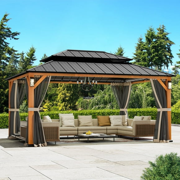 Modern Shade Pavillon à Toit Rigide 12 Pieds x 16 Pieds avec 4 Lumières DEL, Pavillon Permanent avec Double Toit en Acier Galvanisé pour Cour Arrière Extérieure, Brun