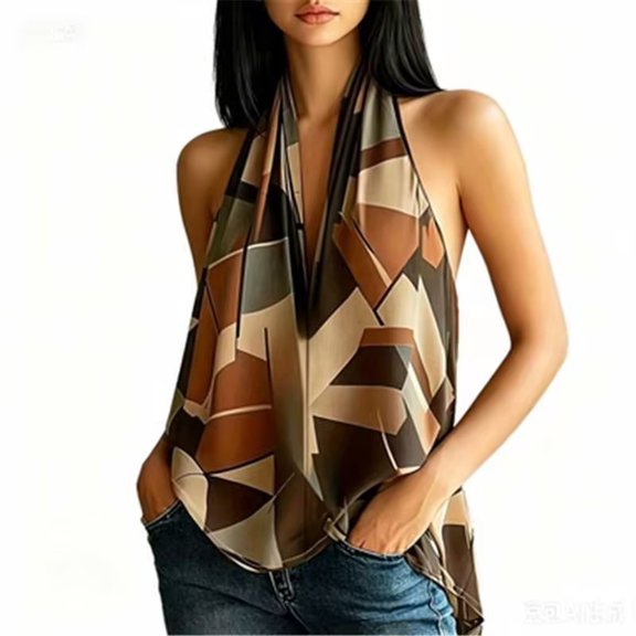 Gsakboxl Womens Tank Tops 2026 Fashion Women Halter Off Shoulder Geometric Color Block Printed V Neck Loose Sleeveless Tank Top Summer Casual Camisole For Daily Street Outfit A L
