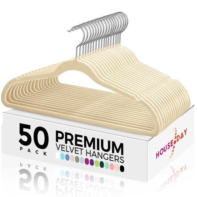 Perchas de terciopelo HOUSE DAY Premium, paquete de 50 unidades, antideslizantes, color beige