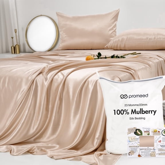 PROMEED 100% Pure Mulberry Silk Sheets 4pcs Set - Luxury Silk Bed Sheet Set Queen Size - Cooling Bed Set with Fitted Sheet, Flat Sheet and Pillowcases (Champagne, Queen)