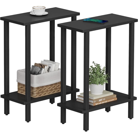 Narrow Side Table Set of 2, Small End Table for Couch | 2-Tier Skinny Sofa Table, Slim Nightstand, Easy Assembly for Living Room, Bedroom, Black TB01BK0622