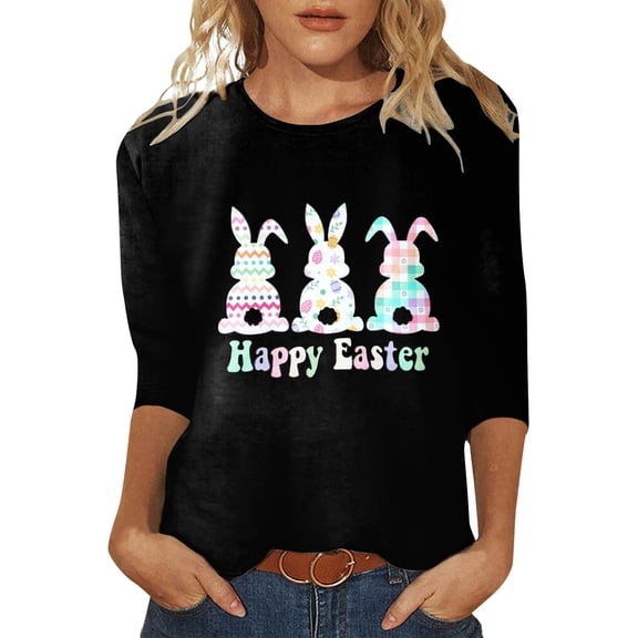 DHFJKG Happy Easter T Shirts For Women Bunny Print Graphic Tee 3/4 Sleeve Casual Round Neck Loose Fit Top For Holiday Celebration Stylish Tops