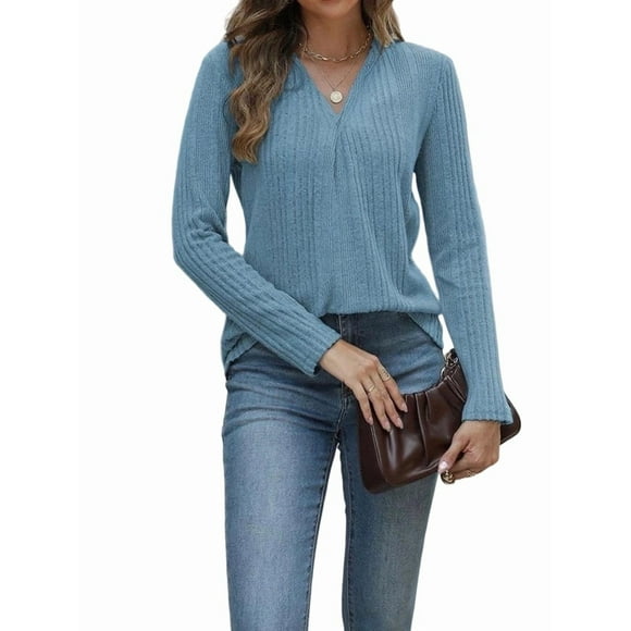 Women Sweater V Neck Long Sleeve Pullover Tops Fall Fashion Casual Clothes Royal Blue M