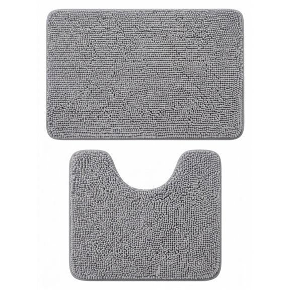 Bathroom Rugs Sets, 2 Piece Soft Absorbent Chenille Bath Mats U-Shaped Contour Toilet Mat, Machine Washable, Bath Carpet Home Decor Accessories, 30"x20" 24"x20", Grey