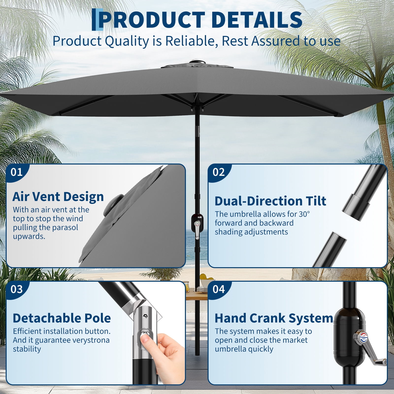 6.5x10 ft Rectangular Patio Umbrellas,Rectangle Outdoor Umbrella Outdoor Table Umbrella with Crank and Push Button Tilt, Market Umbrella Sun Umbrella with 6 Sturdy Ribs Tilt,Large Outdoor Umbrella