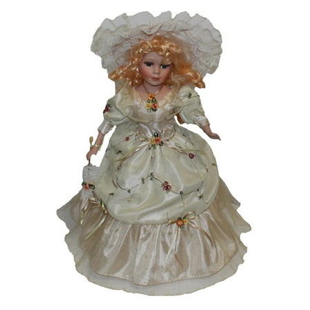 Kokiya 16 inches Porcelain Cream Dress Doll Home Decor, with Stable Stand