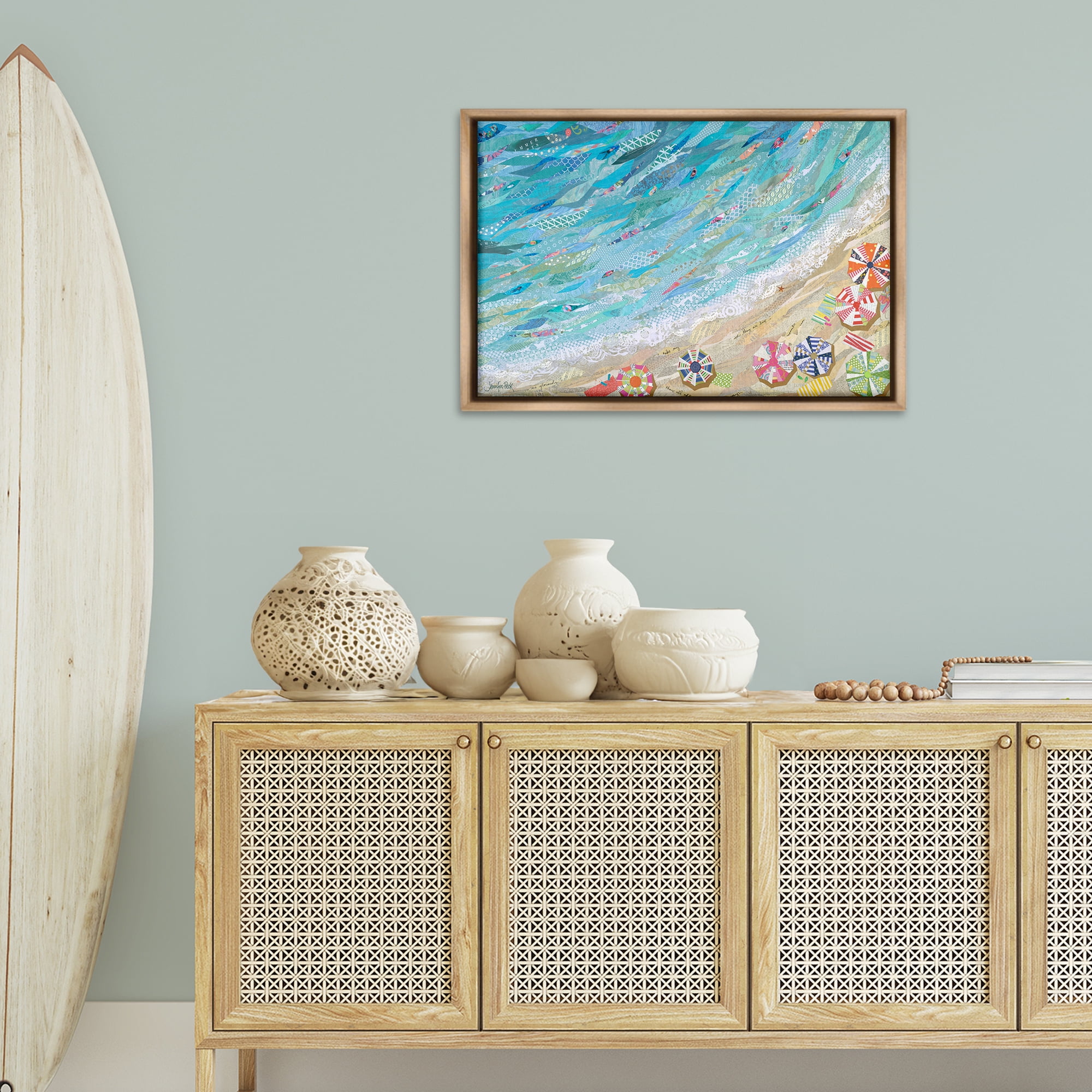 Stupell Industries Collaged Aerial Beach View Coastal Painting Brown Floater Framed Canvas Art Print Wall Art, 31 x 21