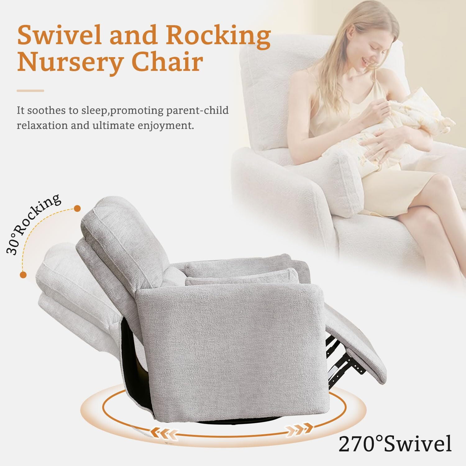 Power Swivel Rocker Recliner Chair with USB & Type-C Ports,Electric Glider Recliner with 2 Pillows,Suede,Gray