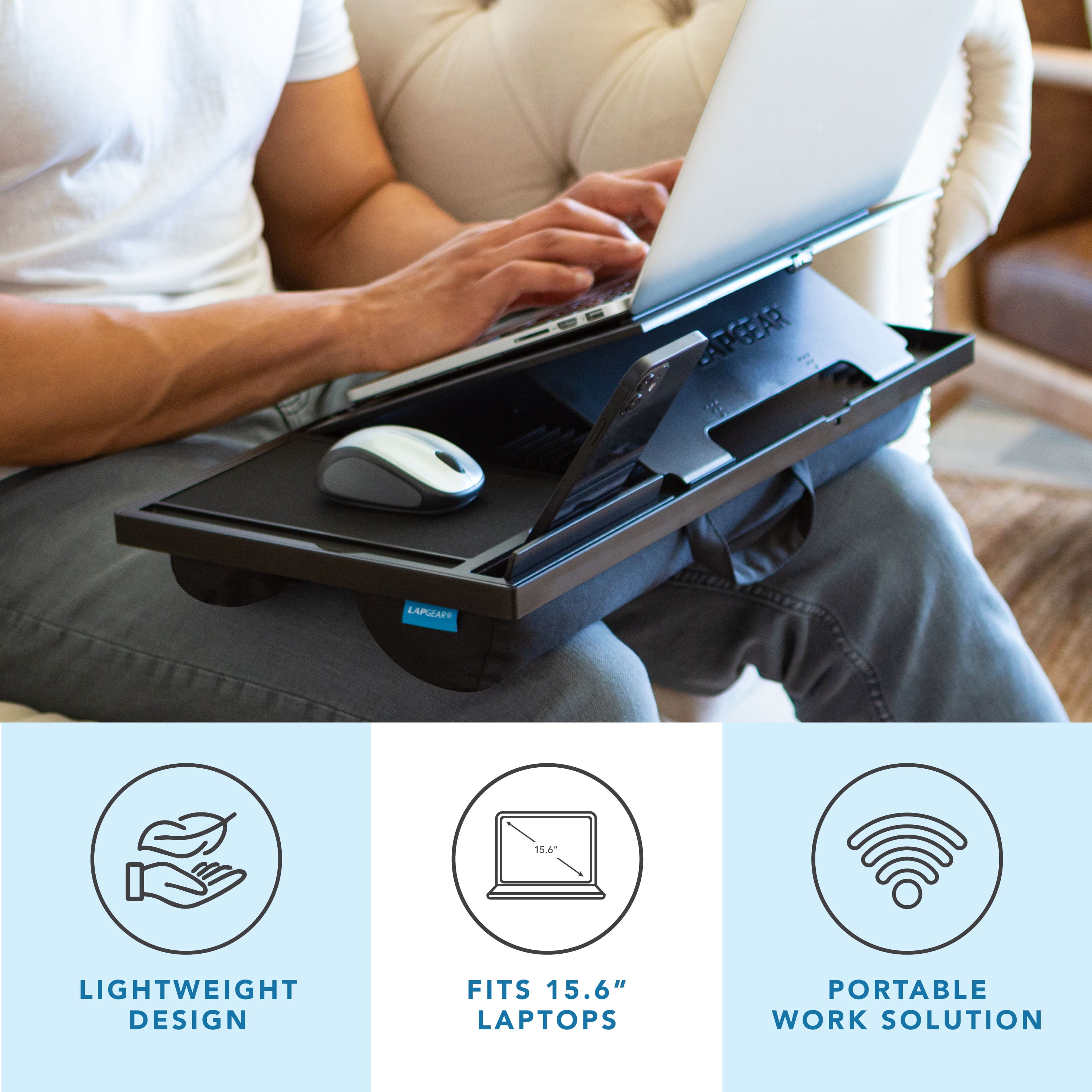LapGear Ergo Pro Lap Desk with Mouse Pad and Ventilation, Fits up to 15.6-in Laptop, Black