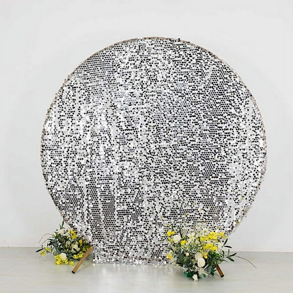 BalsaCircle 7.5 ft Silver Sparkly Big Payette Sequin Round Backdrop Stand Cover Wedding Party Events Home Decorations