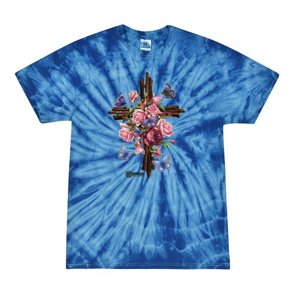 Wild Bobby, Cross with Flowers and Butterflies, Inspirational/Christian, Tie-Dye Tees, Spiral Royal, Large