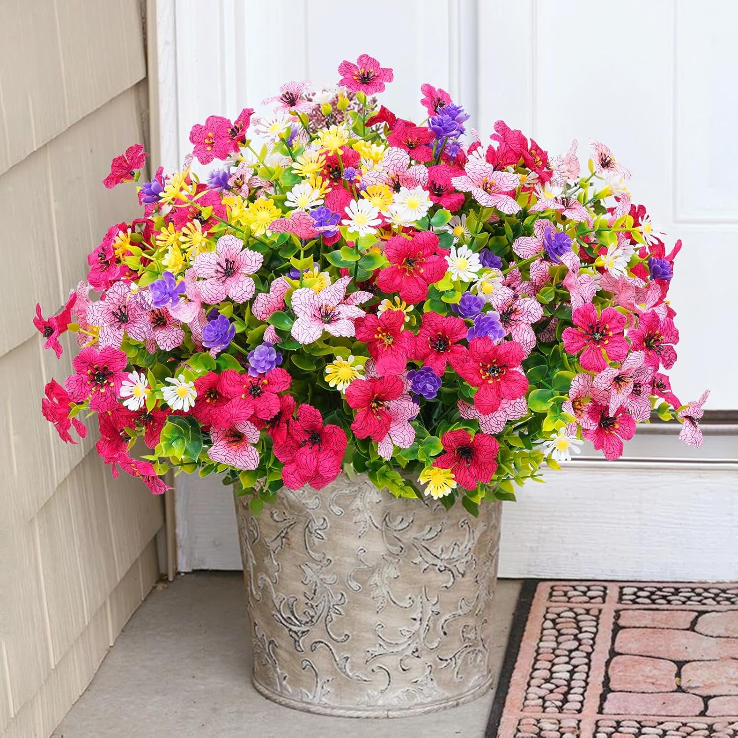 Waipfaru Artificial Flowers UV Resistant Plastic Potted Boxwood for Outdoor Garden Décor