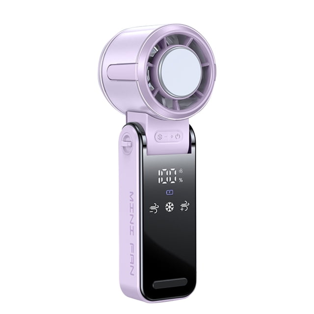 Purple Handheld Fan Foldable Neck Hanging Ice Compress High Velocity Powerful Usb Rechargeable Outdoor Portable Lightweight 3 Wind Levels Digital Display Battery Life