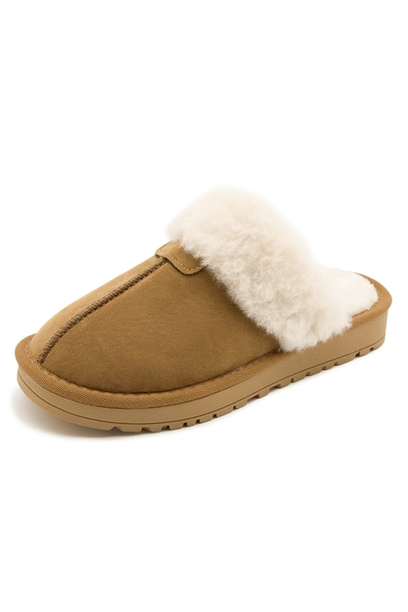 Women's Shoes Cozy Fluffy House Slippers, Flat Heel Platform Round Toe Beige, Size 8