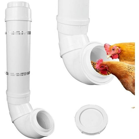 Automatic Chicken Feeder with 2 Covers Duty PVC Pipe No Waste Chicken Coop Feeder 6.6 Pounds Large Chicken Feeder Hanging Chicken Feeder