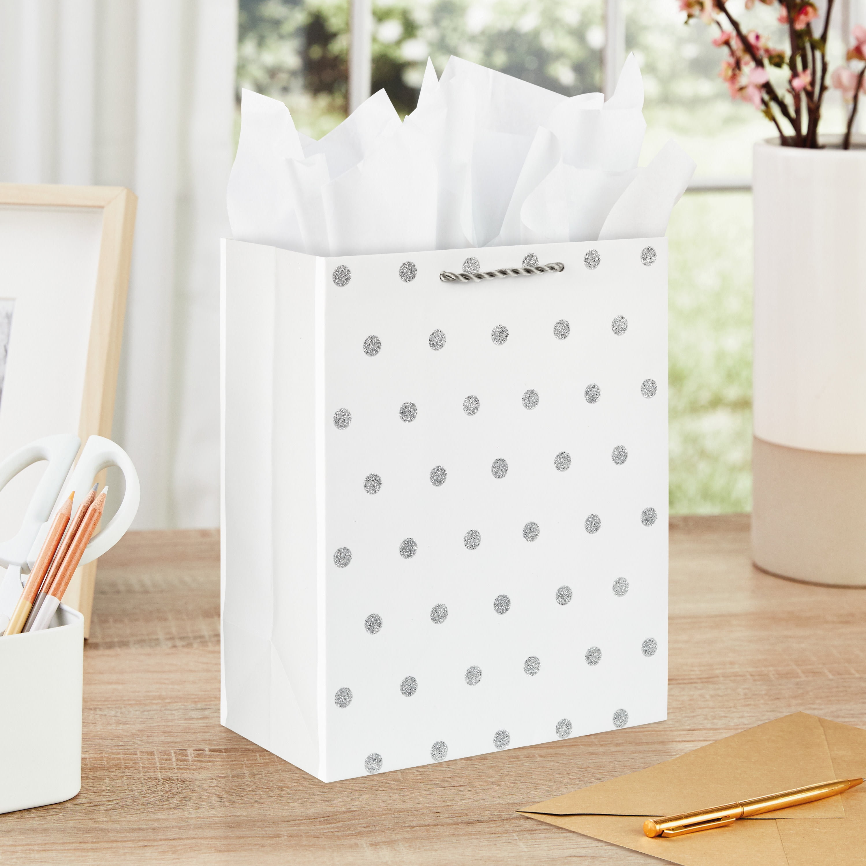 Hallmark Medium Gift Bag (White with Silver Glitter Dots)