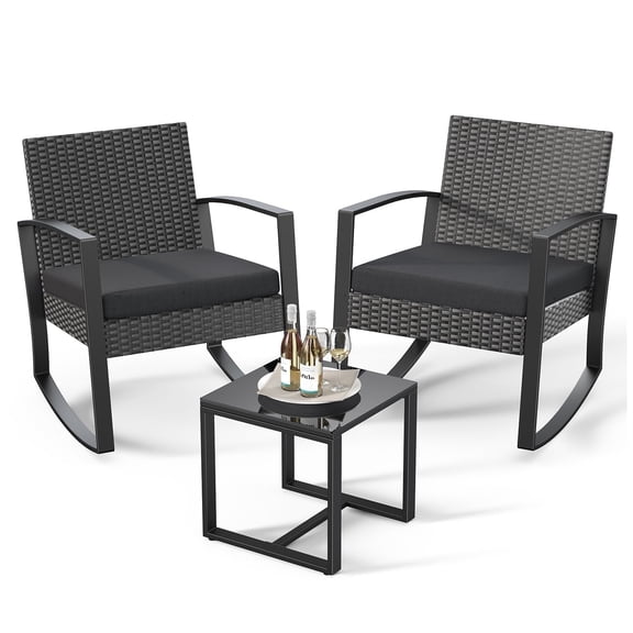 3 Piece Patio Furniture Set, Noelse All-Weather Outdoor Wicker Set with 2 Rocking Chairs & Glass Coffee Table, Black