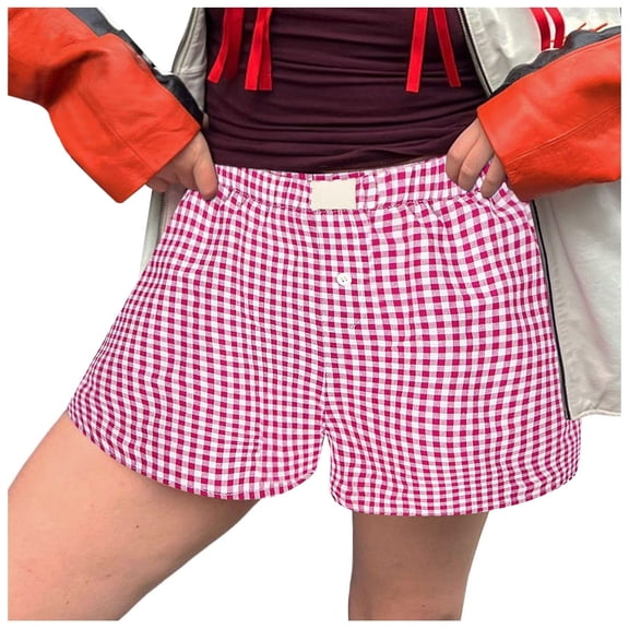 Women Shorts Plaid Print Button Front Pajama Bottoms Polyester Spandex Summer Sleepwear Beach Party Wear