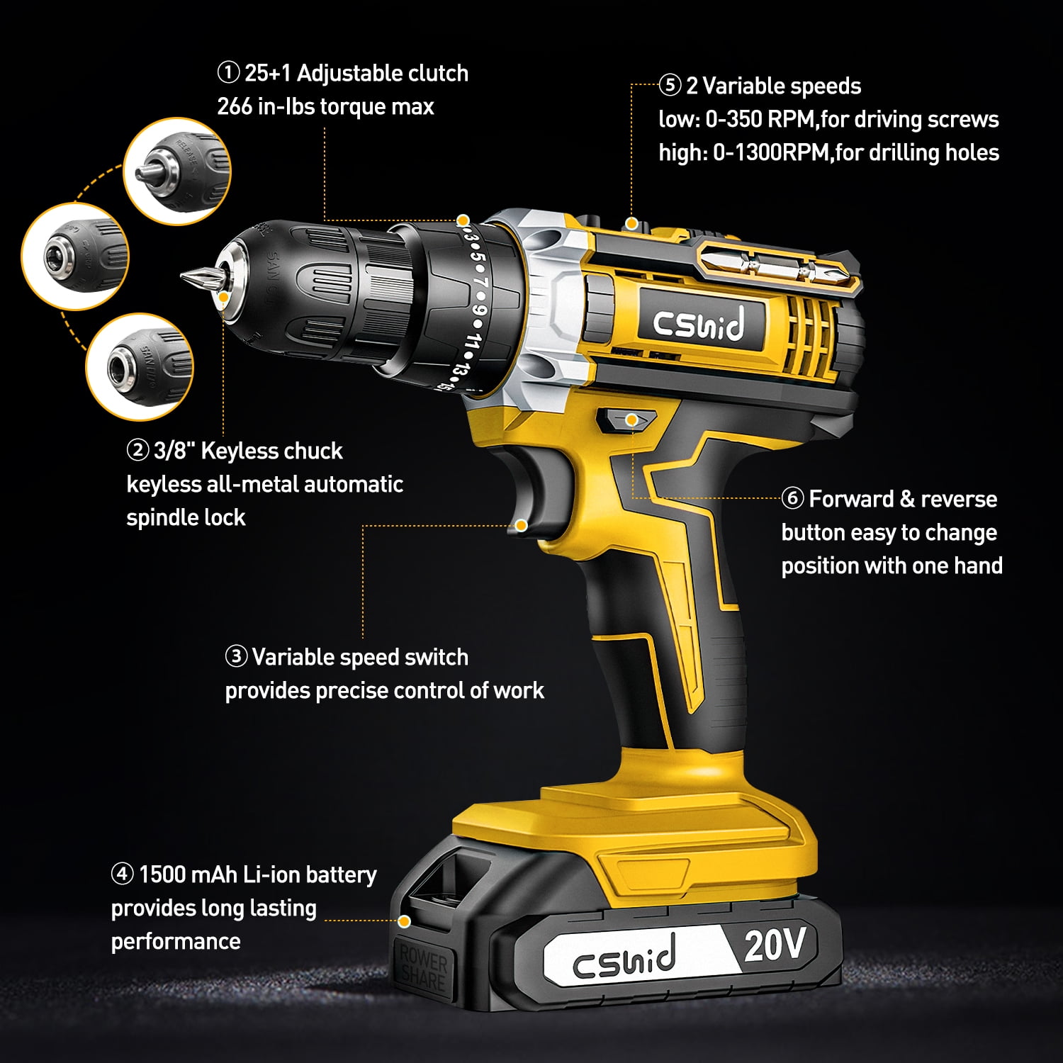 Cshidworld 20V Cordless Power Drill Set, Drill Kit with 1 Lithium-Ion & Charger, 3/8" Keyless Chuck, Electric Drill W/ 2 Variable Speed & LED Light, 25+1 Position and 34pcs Drill/Driver Bits(Yellow)