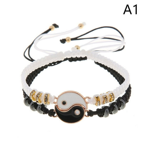 2Pcs Tai Chi Yin Yang Couple Bracelets Necklaces Set Pendant Adjustable Braid Chain Bracelet Matching Lover Bracelets Choker