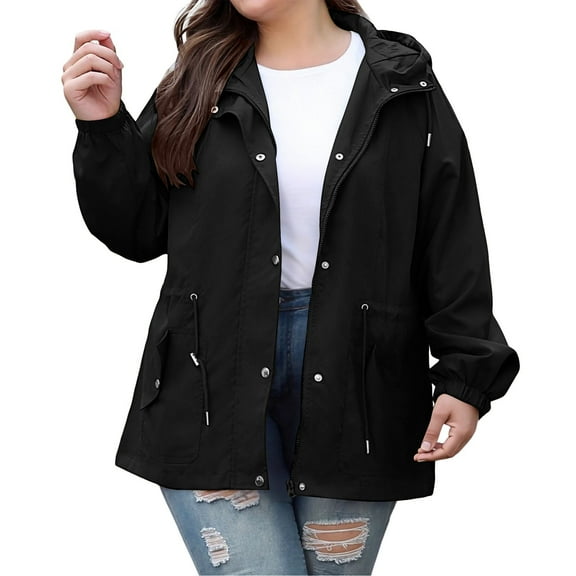 Fall Jackets for Women 2025 Solid Windbreaker Oversize Zipper Button Drawstring Hooded Windproof Waterproof Hiking Travel Outerwear