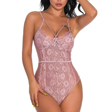 adviicd Kawaii Lingerie Lingerie for Women Lace Teddy Lingerie Snap Crotch Bodysuit Pink L