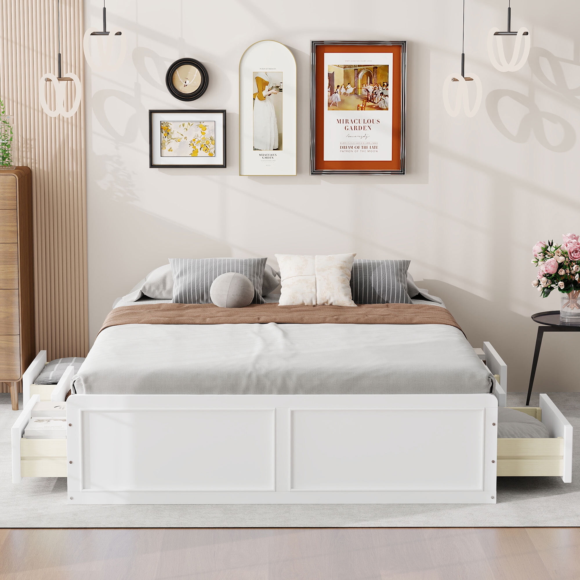 Euroco Wood Queen Size Platform Bed with 6 Drawers for Living Room, White