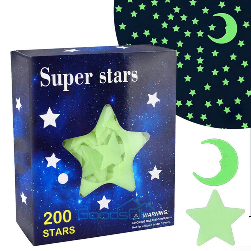 Details about   200Pcs Stars Moon Sticker Shiny Glow In The Dark Bedroom Wall Decal Decor Hot 