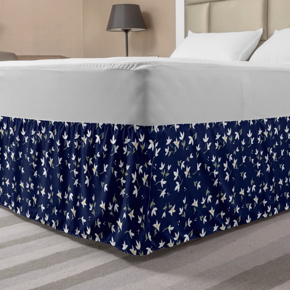 Floral Bed Skirt, Blossoming Flowers Budding Green Leaves and Polka Dots Botanical Scene of Garden, Elastic Bedskirt Dust Ruffle Wrap Around for Bedding Decor, 4 Sizes, Night Blue, by Ambesonne