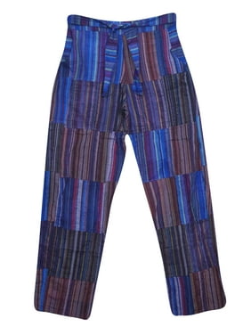 Mogul Women Trouser Pants Boho Pants Blue Red Handloom Cotton Striped Yoga Pant Side Pocket Patchwork S/M
