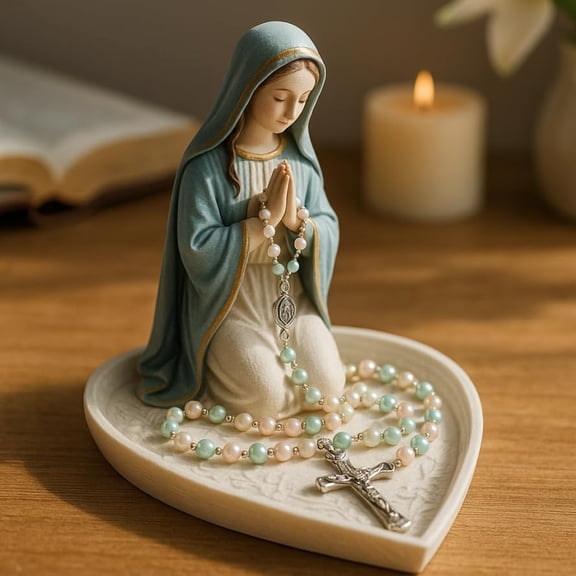 Dserhfy Virgin Mary Rosary Holder Resin Mary or Jesus Figurine Jewelry Dish Our Lady Prayer Rosary Dish Religious Gift Catholic Decor for Home Bedroom Personal Devotional